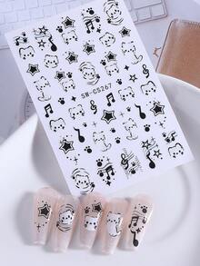 2 件装可爱猫咪音乐音符星星 3D 指甲贴纸黑色卡通可爱图案动物指甲贴花 DIY 自粘滑块指甲用品女士女孩美甲装饰