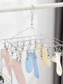 1pc Stainless Steel Sock Drying Rack, With Multiple Clips, Rotating Hook Windproof Clothes Hanger, Suitable For Socks, Bras, Lingerie, Laundry Accessories