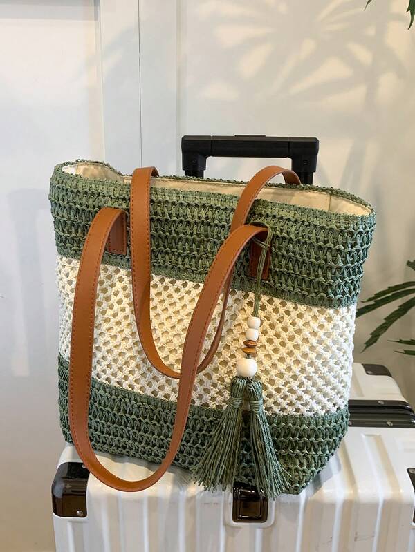 1pc New Holiday Tassel Pendant Bicolor Woven Beach Tote Bag, Casual Shoulder Handbag For Beach Trip, Travel
