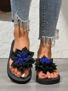 2025 New Thick Sole Platform Women Shoes, Fashionable Casual Ladies Beach Shoes, Ultra-Light Soft Comfy Anti-Slip Flip Flops, Women Floral Bowknot Solid Color Elegant Preppy Style Slides - Black - View 1