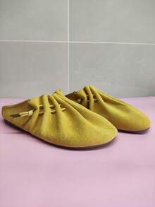 Yellow Women Vintage Ruched Slip-On Backless Mules Slippers, Versatile Flat Slide Sandals, Spring/Summer 2025 New Arrival - Yellow - View 7