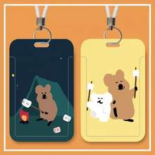 Conjunto de tarjetas lindas con oso de pimienta caqui, tarjeta de arroz, tarjeta de autobús, protector de documentos de identidad, control de acceso al campus con cuerda colgante y personalización de llave - Tarjetero con correa de cuero - Ver 5