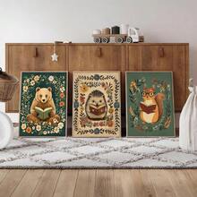 3 套无框书香林地动物幼儿园艺术海报帆布印刷读书俱乐部松鼠刺猬熊舒适小屋风格图书馆装饰画墙壁画适用于宿舍、公寓、客厅、卧室、儿童房、现代家居装饰 - 彩色 - 查看 1