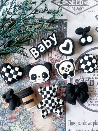 11 PCS Black Love Black And White Bear Series Shoes Flower, Personalized Fashion, Cute Embellish, With Classic Black And White Panda Elements Fusion Dark Love Pattern, Forming A Collision Of Cool And Cute.
