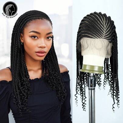360° HD Lace Front Twist Braided Wig 13" X 8" Lace Cornrow Boho Braided Wig With Curly Ends Women Twist Braids Full Lace Wig With Baby Hair Handmade Crochet Synthetic Braided Lace Wig 18 Inch