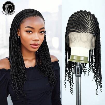 Peluca trenzada con encaje de alta definición de 360°, de 18 pulgadas, peluca con trenzas de estilo bohemio de 13 pulgadas x 8 pulgadas con extremos rizados, peluca con encaje trenzado con cabello de bebé para mujer, peluca de encaje sintético hecha a mano con ganchillo
