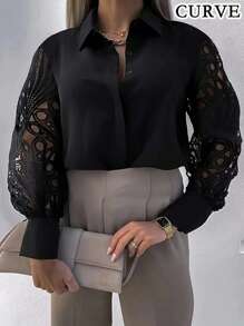 Plus Women's Lace Hollowed Out Long Sleeved Shirt