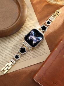 1pc Compatible With Apple Watch Band Watch Strap Women, Black Five Leaf Clover Diamond Golden Copper Strap, Summer Flowers Metal Bracelet,Compatible With Apple Watch 38/40/41/42/44/45/46/49 Mm, Compatible With Apple Watches Series Ultra3/2/1/Se/10/9/8/7/6/5 4/3/2/1, Ms Old Money Wind High Fashion Accessories