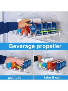 3 套饮料存储解决方案 - 易滑推杆和螺旋桨系统、双层隔板和安全定位扣，适用于冰箱 - 非常适合汽水罐和瓶子、厨房和办公桌整理 - 彩色 - 查看 2