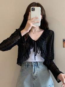 1pc Summer Lace Thin Short Cover Up, Tie Waist Hollow Out Beach Cover Up Vest To Pair With Dresses