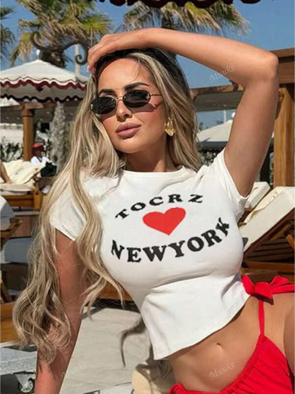 Top corto in stile streetwear europeo e americano, con stampa di lettere di base, maglietta casual a maniche corte, aderente e elastica