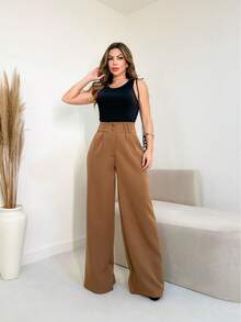 YING ZI Stone Mode Formal Tailored Wide Leg Trousers - 鏽棕色 - 查看 5