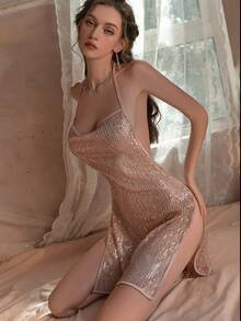 性感内衣睡衣 - 紧身闪亮露背高开衩连衣裙，适合夜店女王派对氛围 - 藕粉色 - 查看 5