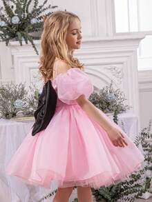 Tween Girl Elegant Bowknot Strap Flower Girl Dress, Tulle Princess Gown, Suitable As Birthday Gift, Banquet, Ball, Party, School Performance, Special Occasion, Holiday Celebration - Pink - View 6