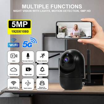 1pc 8MP/5MP 1080P HD Dual-Band 2.4G+5G/2.4G WiFi 350° Horizontal 90° Vertical Rotating Home Security Video Monitoring Network PTZ Camera System, Supports Bidirectional Audio, Outdoor/Indoor Smart PTZ, Auto Tracking, Alarm, Color Night Vision, Floodlight AI Motion