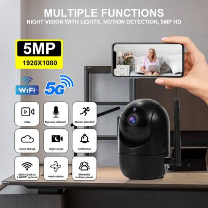 1pc 8MP/5MP 1080P HD Dual-Band 2.4G+5G/2.4G WiFi 350° Horizontal & 90° Vertical Rotation Home Security Video Monitoring Network PTZ Camera System, Supports Bidirectional Audio, Outdoor/Indoor Smart PTZ Camera With Auto Tracking, Alarm, Color Night Vision, Floodlight AI Motion
