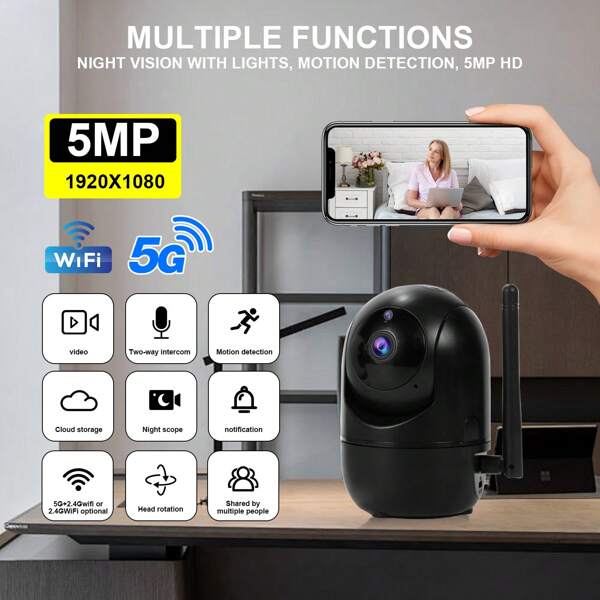 1pc 8MP/5MP 1080P HD Dual-Band 2.4G+5G/2.4G WiFi 350° Horizontal & 90° Vertical Rotation Home Security Video Monitoring Network PTZ Camera System, Supports Bidirectional Audio, Outdoor/Indoor Smart PTZ Camera With Auto Tracking, Alarm, Color Night Vision, Floodlight AI Motion