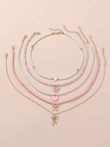 5 Peças/Conjunto Conjunto de Colares de Contas com Pingentes de Borboleta/Coração/Flor, Colares Multicamadas, Presente de Jóias Fofo para Meninas - Multicolorido - Visão 4
