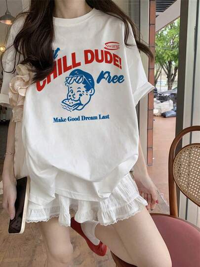 女士日系宽松花卉灰色休闲百搭字母卡通印花短袖T恤，春夏款