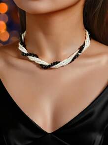 1 Pc Elegant Faux Pearl White And Black Beads Winding Collar Necklace Wedding Party Bridal Jewelry Accessories