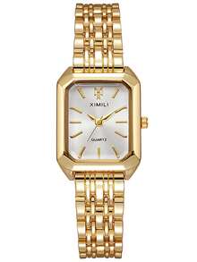 女士时尚方形手表金色合金表带2025奢华女士石英腕表品质女式罗马刻度钟 - 銀色 - 查看 2