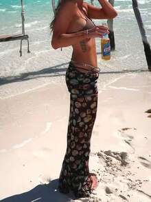 Women Summer Sheer Mesh Flared Belted Long Pants Beach Pant - 黑色 - 查看 4