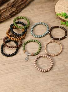 10pcs/Set Bohemian Style Wooden Bead, Sea Turtle, Coconut, Turquoise Bracelet Set, Suitable For Men's Daily Wear