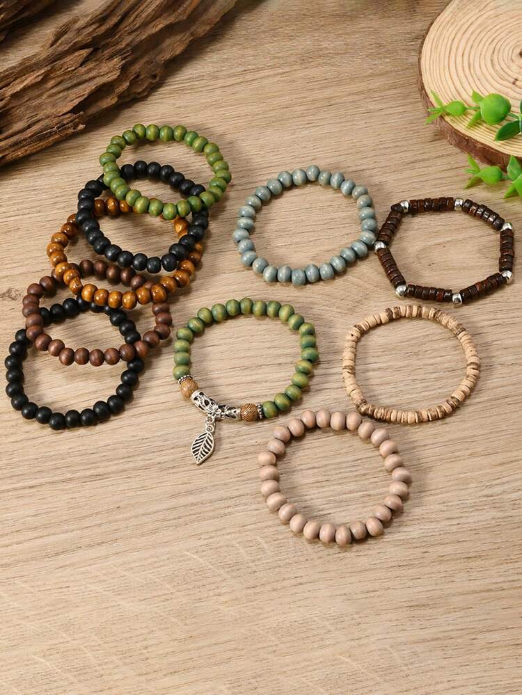 10pcs/Set Bohemian Style Wooden Bead, Sea Turtle, Coconut, Turquoise Bracelet Set, Suitable For Men's Daily Wear - Multicolor - View 8