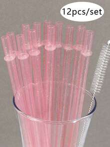 12pcs Reusable Straws With Cleaning Brush, Plastic Glitter Unbreakable Drinking Straw, For Travel Tumbler Replacement Straw, Water Bottle Accessories, 9" Long Hard Tumbler Replacement Straws For 20 OZ 30 Tumbler - Multicolor - View 4