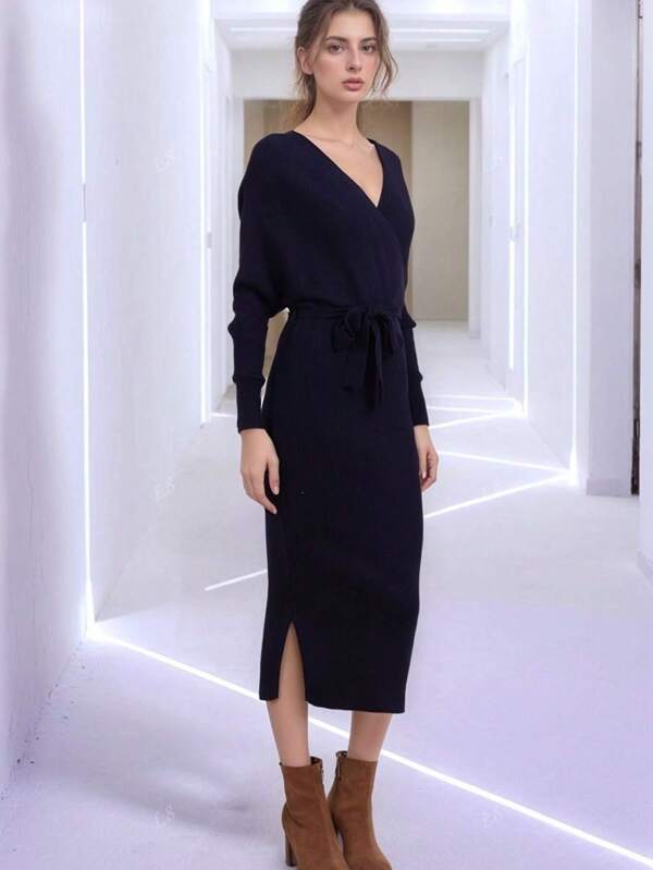 Outono Inverno Novo Vestido de Malha, Vestido Suéter com Decote em V e Manga Longa e Fenda