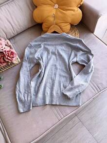 V Neck Plus Size Basic Long Sleeve Winter Knit Top Women Fashion - 淺灰色 - 查看 2