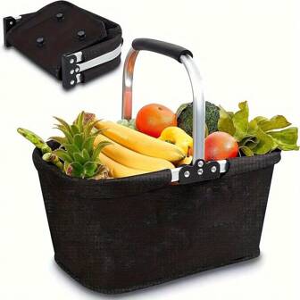 1 pieza Cesta de la compra plegable de metal con forro aislado, cesta plegable portátil de picnic con asa, para compras, actividades al aire libre, caja de almacenamiento para eventos domésticos al aire libre
