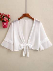 1 chiếc khăn choàng cardigan trang trí cho nữ có dây buộc, dễ mặc, đa năng, thích hợp để đi chơi, tụ tập thường ngày, kết hợp với váy, khăn choàng thời trang - trắng - Xem 2