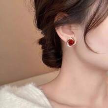 1 Pair Korean Minimalist Style Red Pearl Stud Earrings For Women, Sweet And Elegant With Rhinestone Decor
