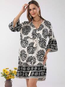 Vestido Cover Up Con Estampado De Manga Acampanadas Con Cordón - Negro - Ver 1