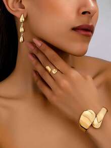金色金属水滴形手链、戒指、耳环套装，简约优雅时尚，适合作为母亲节礼物、参加派对和日常佩戴。 - 金黃色 - 查看 9