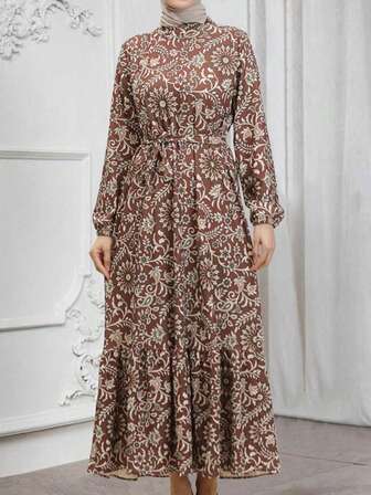 春夏女式优雅全身印花碎花保守荷叶边腰带长袖阿拉伯连衣裙；古尔邦节、毕业礼服、毕业装