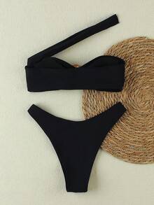 Polovedo官方性感纯色单肩女士比基尼泳衣 - 黑色 - 查看 3