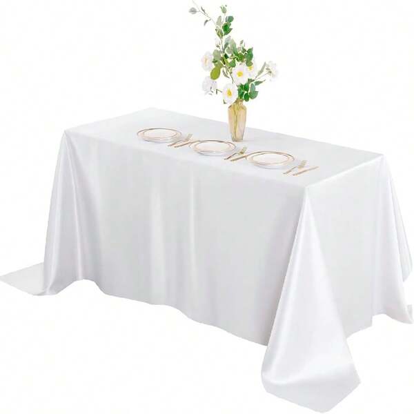 1pc Rectangular Satin Table Cloth 140*220cm, White Satin Table Cover, Smooth And Shiny Tablecloth For Wedding And Party Decoration