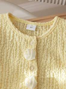 Young Girl Summer Solid Color Textured Front Button Short Sleeve Blouse