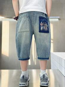 1pc Boys' Summer Denim Shorts, Blue Printed - Blue - View 3