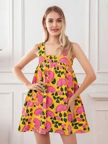 Women's Summer Tie Strap Dress Stripe Tree/Flower Print Loose Mini A Line Dress For Beach