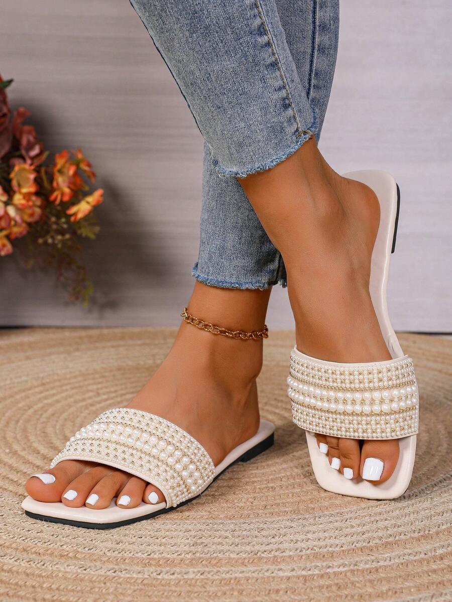 Women's Slide Sandals With Rhinestones, Casual Versatile Outdoor Plastic Flat Sandals - White - View 1
