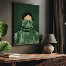 1pc Art Deco Classic Modern Unframed Emerald Green Abstract People Art Poster, Minimal Japandi Stripe Female Abstract Canvas Painting, Waterproof, Frameless, Canvas, With Artwork Wall Painting For Kitchen, Home Office, Bathroom, Living Room, Bedroom, Indoor Decor