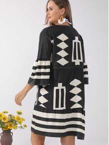 Vestido Cover Up De Mujer Con Estampado Geométrico,Cover Up Con Diseño Cordón De Manga Acampanadas - Negro - Ver 2