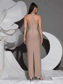 Vestido ajustado de alta calidad de halter sin mangas con cuentas y lentejuelas, vestido formal elegante para mujeres para banquetes, fiestas, vacaciones, eventos de noche, invitada de boda