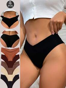 5条装V型无痕内裤女士无缝内裤三角裤性感纯色冰丝内裤简约透气三角内裤内衣弹力透气三角裤休闲内裤