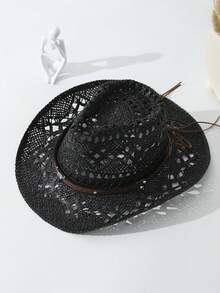 1pc Unisex Cattle Head Decor Cowboy Hat Hollow Out Printed Cowgirl Hat Wide Brim Handmade Casual Sun Hat Spring Summer Travel Shade Beach Hat Straw Hat - 黑色 - 查看 3