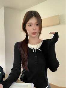 Spring New Ballet-Style Sweet Knitted Sweater, Long Sleeve T-Shirt, Slimming Layering Top, Coordinated Set