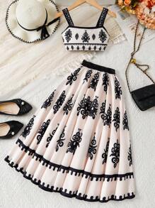 Cami Top & Skirt Set, Casual Outfit For Tween Girls